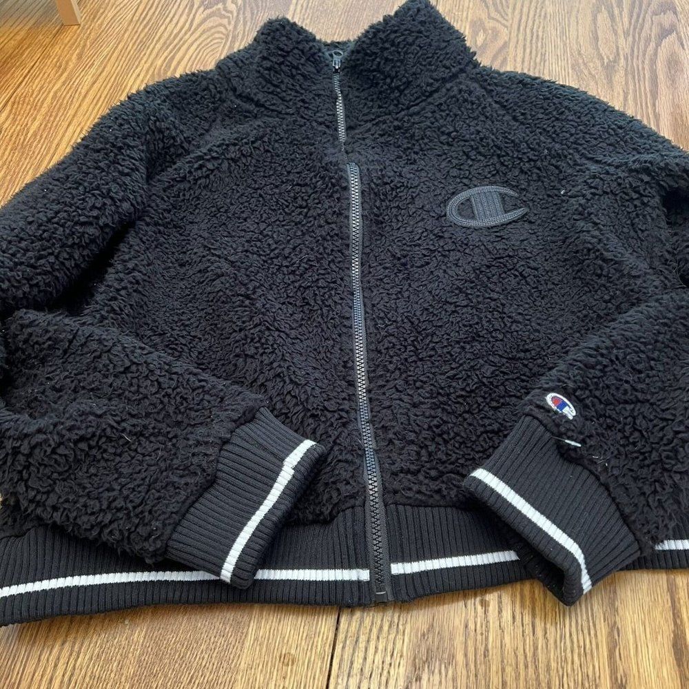 Champion Deep Pile Fleece Spell Out Jacket Womens SZ L Street Wear Skate